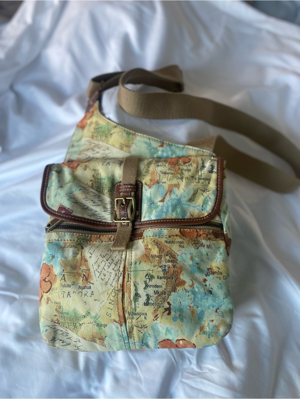 Vintage Fossil Floral Map-Print Canvas Crossbody in Teal, Tan & Orange Accents - Picture 6 of 6
